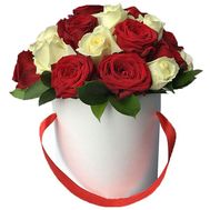 Box of red and white roses