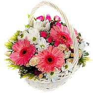 Basket of flowers from 3 gerberas, 6 roses and 5 chrysanthemums
