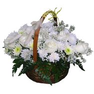 Basket of flowers from 7 roses and 10 chrysanthemums