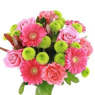 Bouquet of flowers from 3 roses, 5 gerberas, 3 chrysanthemums and 4 carnations