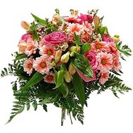 Bouquet of flowers from 5 roses, 5 chrysanthemums and 3 alstroemerias