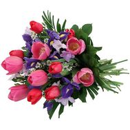 Bouquet of flowers from pink tulips and irises