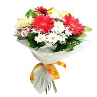 Bouquet of flowers from 3 gerberas, 5 chrysanthemums and 3 alstroemerias