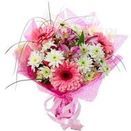 Bouquet of flowers from 3 gerberas, 3 chrysanthemums and 3 alstroemerias