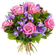 Bouquet of flowers from pink roses and irises