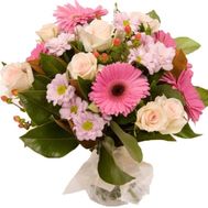 Bouquet of flowers from 9 roses, 5 gerberas and 3 chrysanthemums