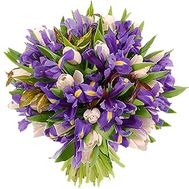 Bouquet of flowers from irises and white tulips