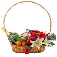 Christmas basket with flowers and fruits