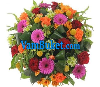 Bouquet of 14 roses, 7 gerberas, 3 chrysanthemums and 5 alstroemeria