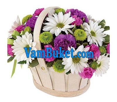 Basket of flowers from 8 chrysanthemums and 9 carnations