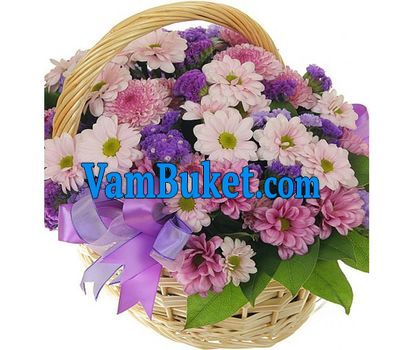 Basket of flowers from 13 multi-colored chrysanthemums