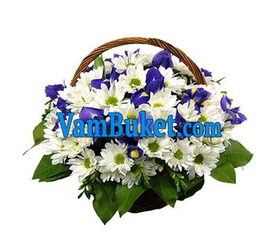 Basket of flowers from 12 chrysanthemums and 5 irises