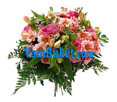 Bouquet of flowers from 5 roses, 5 chrysanthemums and 3 alstroemerias