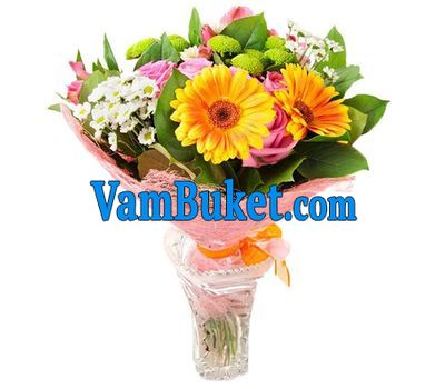 Bouquet of flowers of 3 roses, 3 gerberas and 3 chrysanthemums