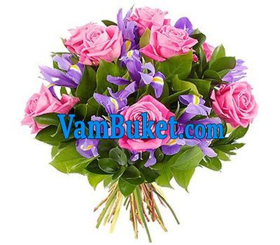 Bouquet of flowers from pink roses and irises