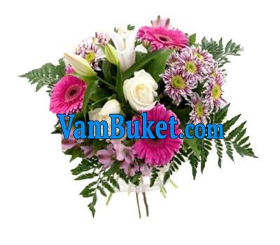 Bouquet of flowers of 3 roses, 3 gerberas, 3 chrysanthemums, 1 lilies and 3 alstroemerias