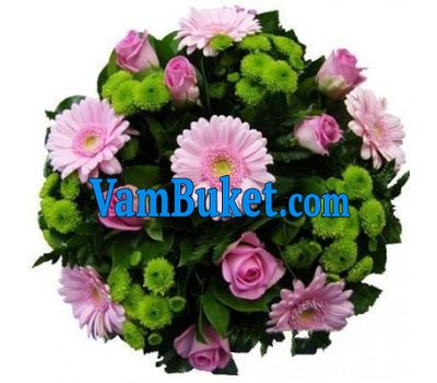 Bouquet of flowers of 9 roses, 6 gerberas and 6 chrysanthemums