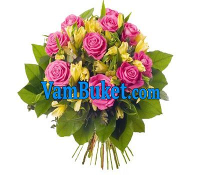 Bouquet of flowers from 13 roses and 12 alstroemerias