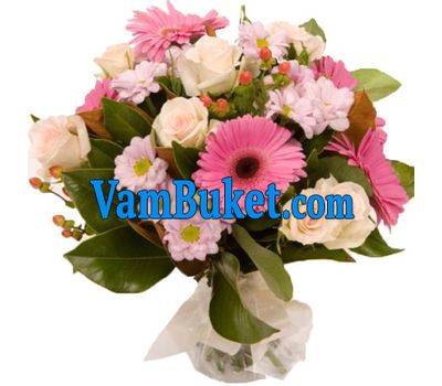 Bouquet of flowers from 9 roses, 5 gerberas and 3 chrysanthemums
