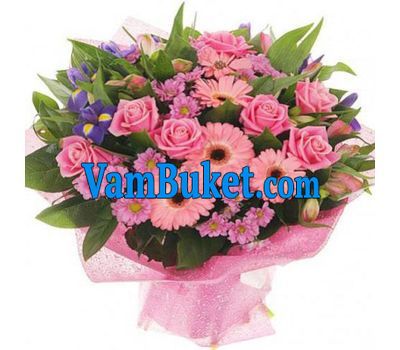 Bouquet of flowers of 9 roses, 6 gerberas, 5 chrysanthemums and 3 alstroemerias