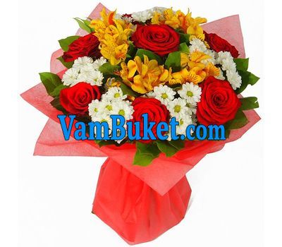 Bouquet of 7 roses, 6 chrysanthemums and 6 alstroemerias