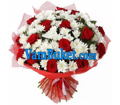 Bouquet of flowers from 15 roses and 16 chrysanthemums