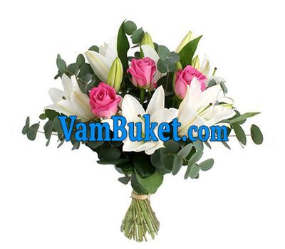 Bouquet of flowers from 3 roses and 2 lilies