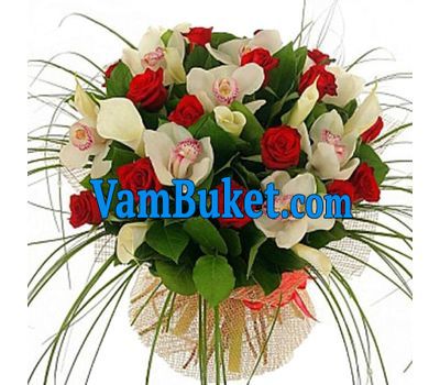 Bouquet of flowers from 15 roses and 12 orchids