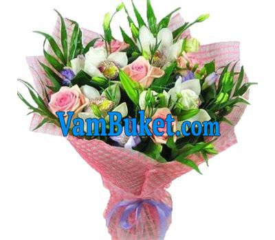 Bouquet of flowers from 5 roses, 4 orchids and 6 alstroemerias