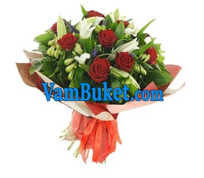 Bouquet of flowers of 11 roses, 2 lilies and 8 alstromeries