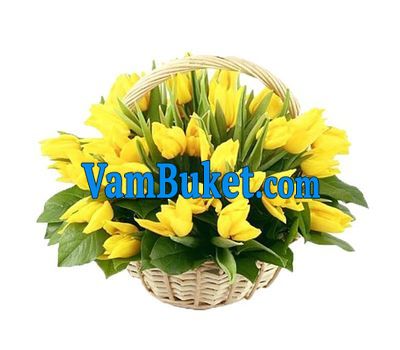 Basket of flowers from 45 yellow tulips